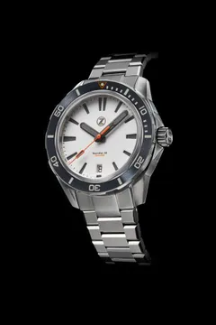 Zelos Swordfish 40mm SS Frost (2021), fully lumed white dial with black hands and indices, black ceramic bezel, on bracelet