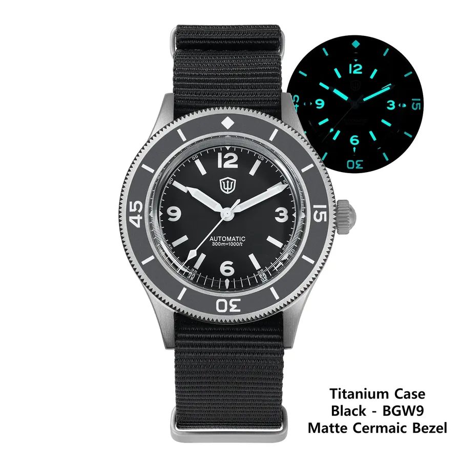 Watchdives WD50Ti titanium with black dial, BGW9 lume and matte ceramic bezel on a black nylon strap, with lume shot