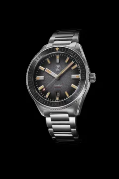 Zelos Blacktip 200m Diver, black sand-textured fumé dial with vintage-tone lume and black ceramic bezel, on steel bracelet