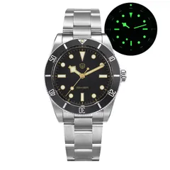 Watchdives WD7922 with black dial and black bezel with white markings on the 3-link bracelet, with lume shot