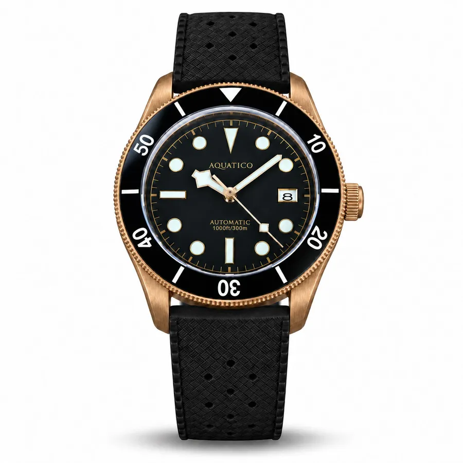 Aquatico Bronze Raider with black dial, black ceramic bezel and date at 3, on black rubber strap