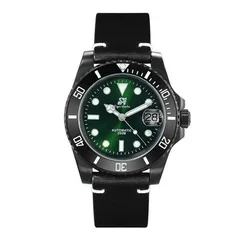 San Martin SN017-G-DLC black DLC case with green sunburst dial on black leather strap