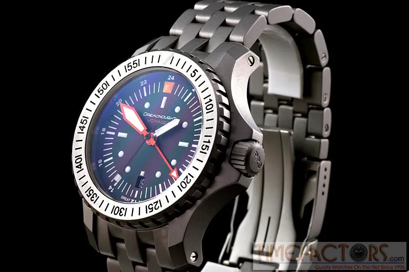 Timefactors Dreadnought Voyager GMT PRS-21, black dial with orange GMT and minute hands, polished engraved bezel, on bracelet