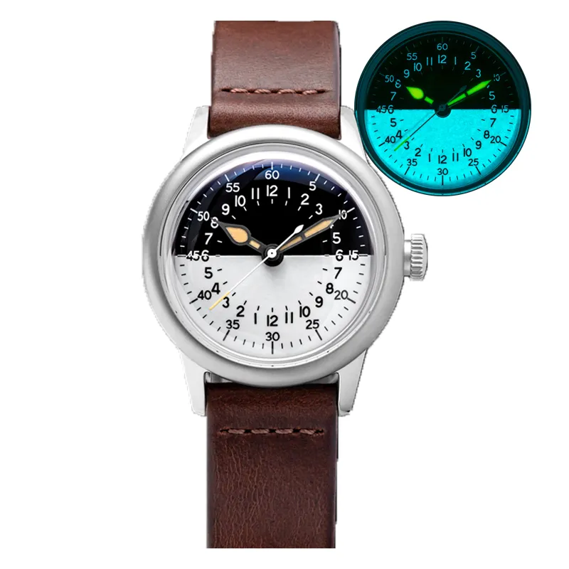 Thorn A11 GMT (SHY041) in steel with half black, half white 24-hour dial on a brown leather strap, beside a lume shot