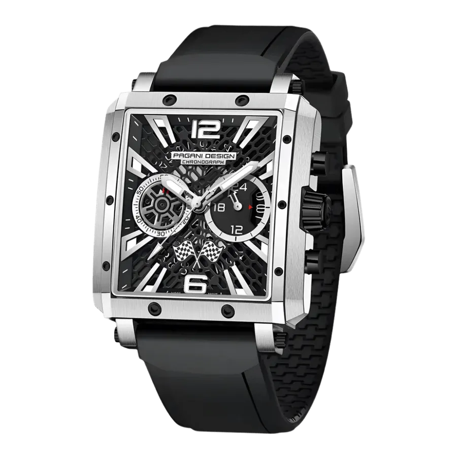 Pagani Design PD-1725 square chronograph, steel case with black dial on black rubber strap