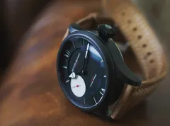 Astor+Banks AB1405, blue dial in a black PVD case, on tan leather strap