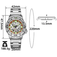 Addiesdive AD2103 skeleton dimension graphic (42mm, 47.5mm lug-to-lug, 13.5mm, 20mm, 220mm, 188.5g)