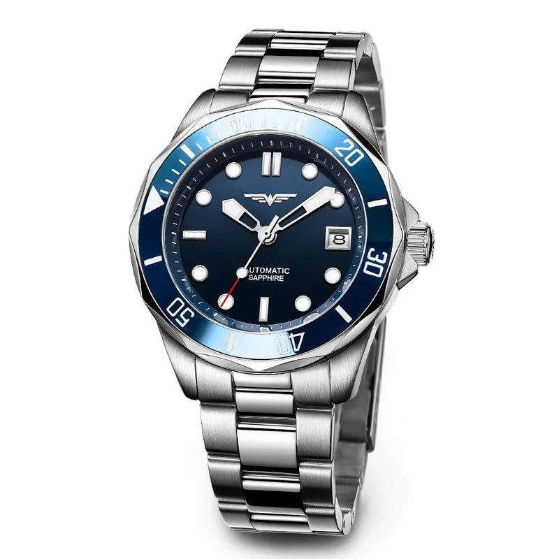 Cadisen (Wanvi) W525 automatic diver with blue dial, blue 60-minute bezel, polygonal case and date at 3 on a steel bracelet