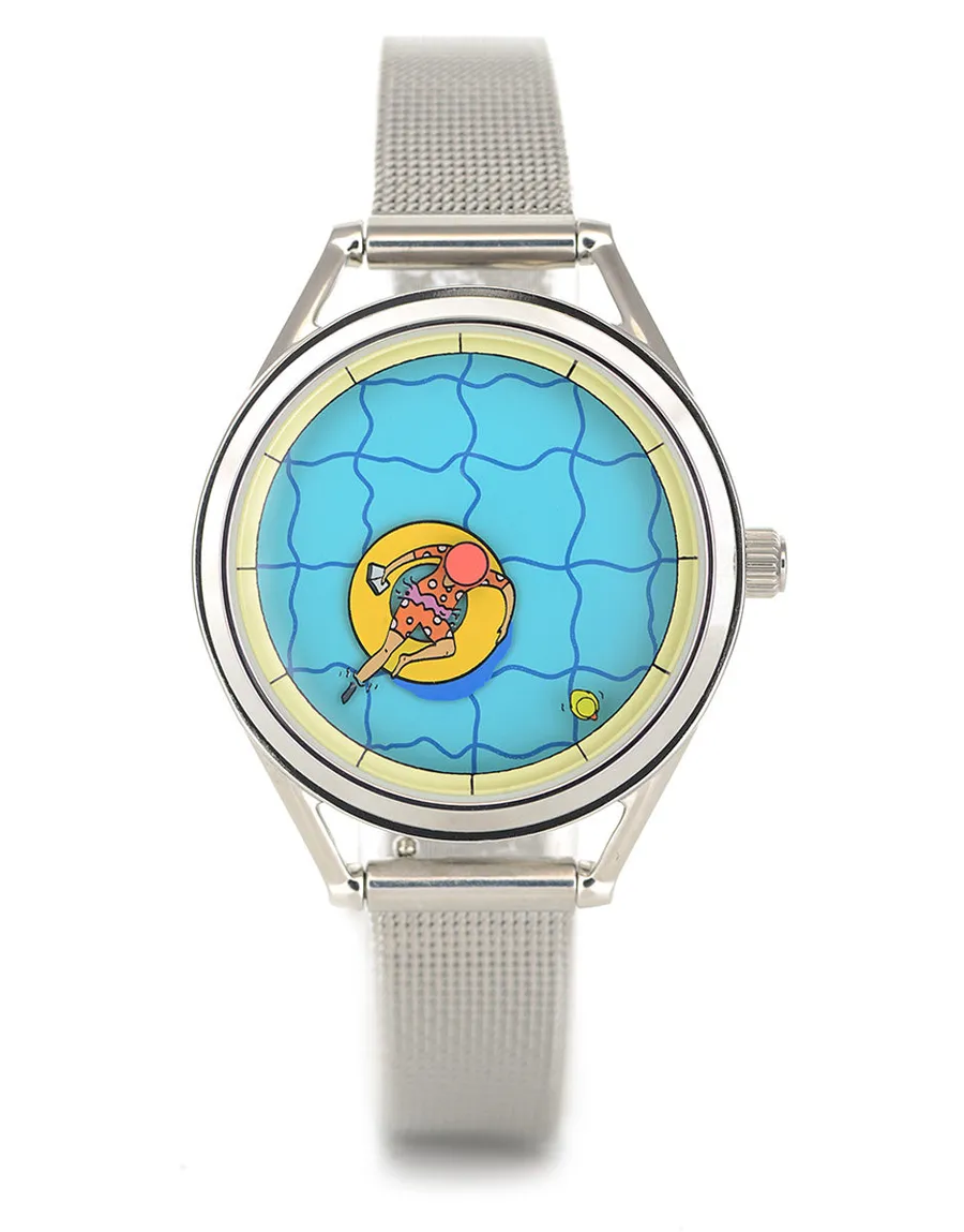 Mr Jones A Perfectly Useless Afternoon 31mm, swimming-pool dial with a floating figure and rubber duck, on steel mesh, front view