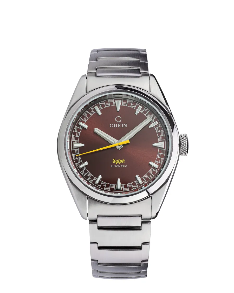 Orion Sylph, burgundy sunburst dial with rally track, on bracelet
