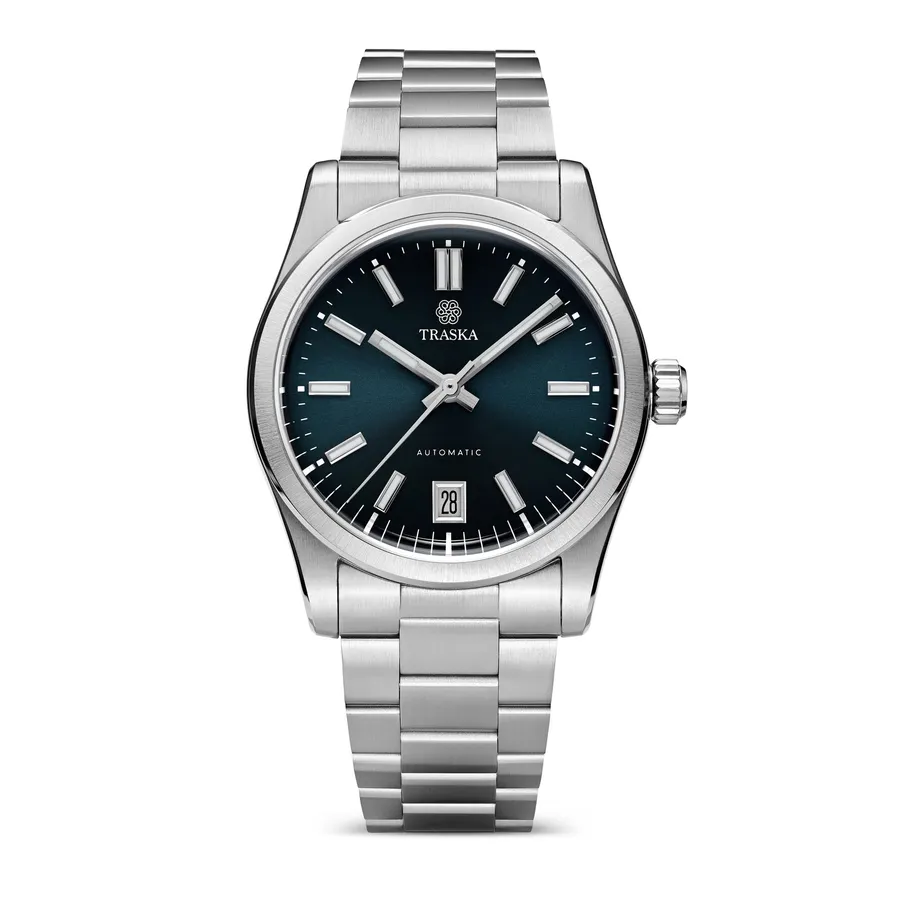 Traska Commuter 36 Date, blue sunburst dial with date at 6, on bracelet, front view
