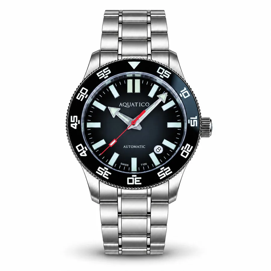 Aquatico Atlas Tritium with fumé black dial, black bezel and date, on the steel bracelet