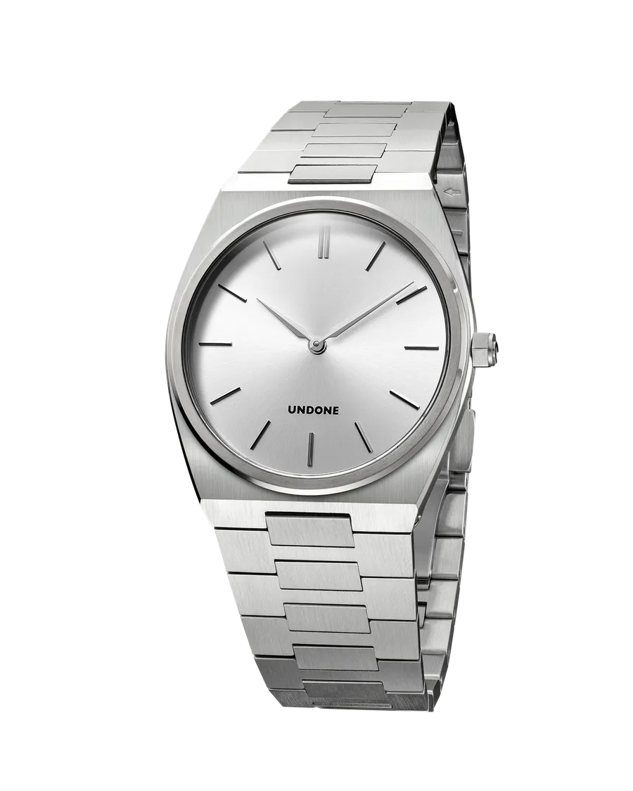 Undone Slim with silver sunray dial on its integrated steel bracelet