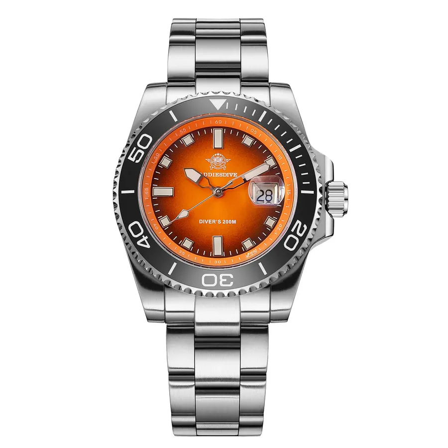 Addiesdive AD2089 with orange gradient dial and black ceramic bezel on a three-link steel bracelet
