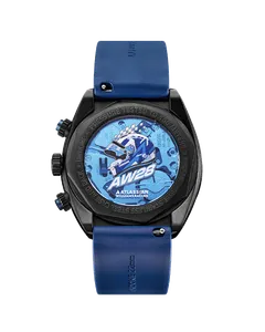 Undone Carbono see-through caseback printed with a helmet design and "AW28", marked pressure tested to 100 meters