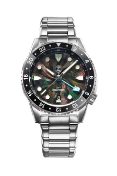Zelos Mako 300m GMT, black mother-of-pearl mosaic dial, dark ceramic 24-hour bezel