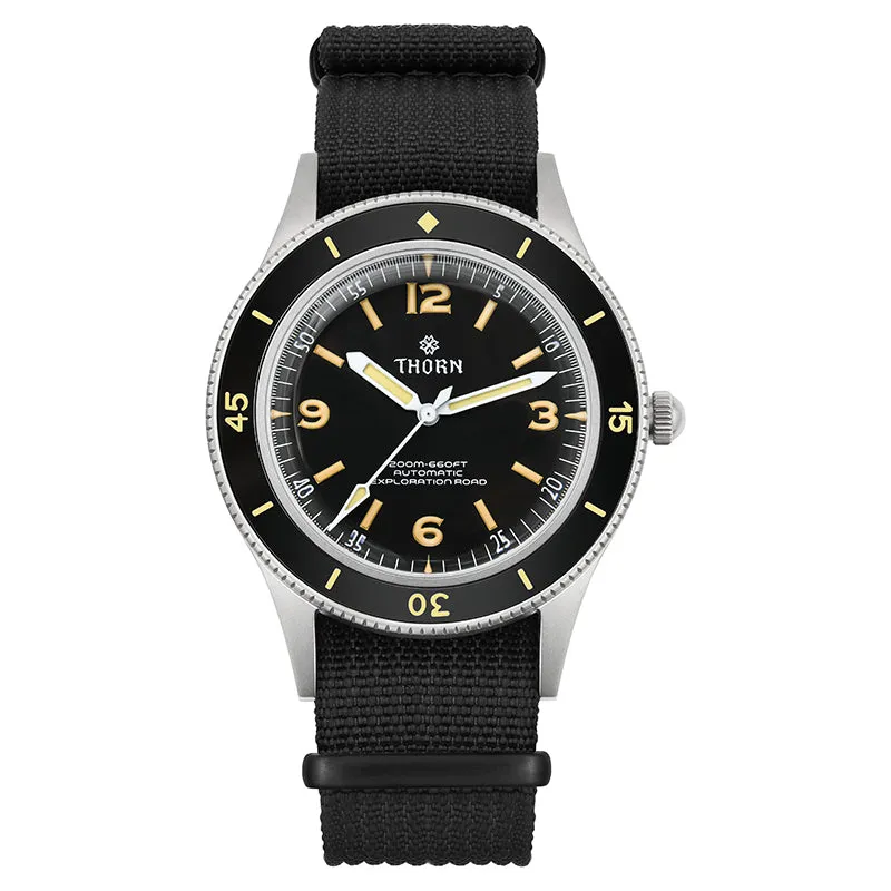 Thorn SHY033 steel Fifty Fathoms-style diver with black 12-3-6-9 dial and black bezel on a black nylon strap