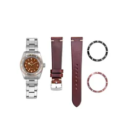Thorn T028 brown-dial set with the included leather strap and two spare bezel inserts