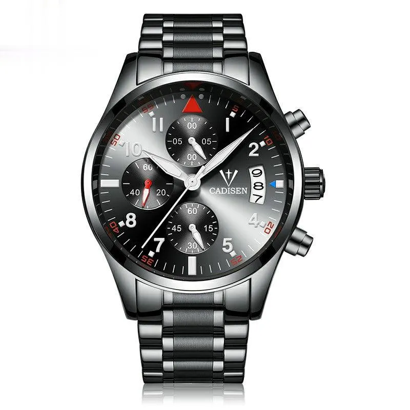 Cadisen C2013 quartz chronograph with black dial in a black-tone case and bracelet