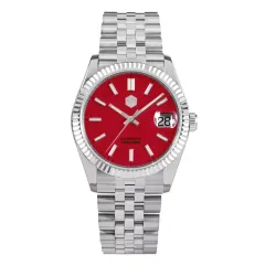 San Martin SN058-G-X 36.5mm with enamel red dial, fluted bezel and cyclops date on jubilee bracelet