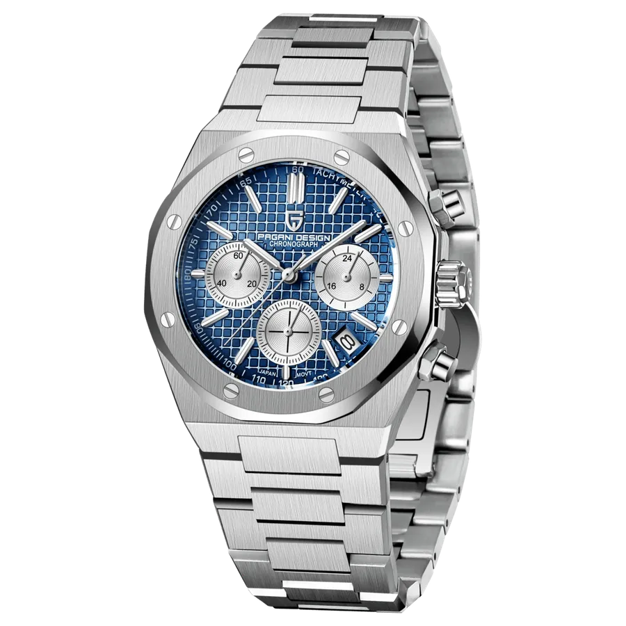 Pagani Design PD-1707 Royal Oak-style chronograph with octagonal screwed bezel and blue grid-pattern dial on integrated steel bracelet