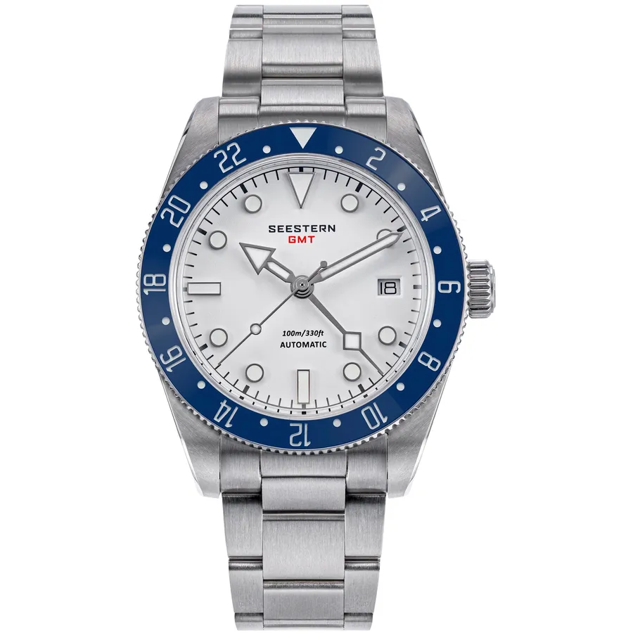 Seestern S478.E GMT with white dial and blue ceramic 24-hour bezel on steel bracelet
