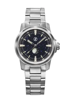 Zelos Aurora Moonphase, aventurine dial with moon phase at 6, on titanium bracelet
