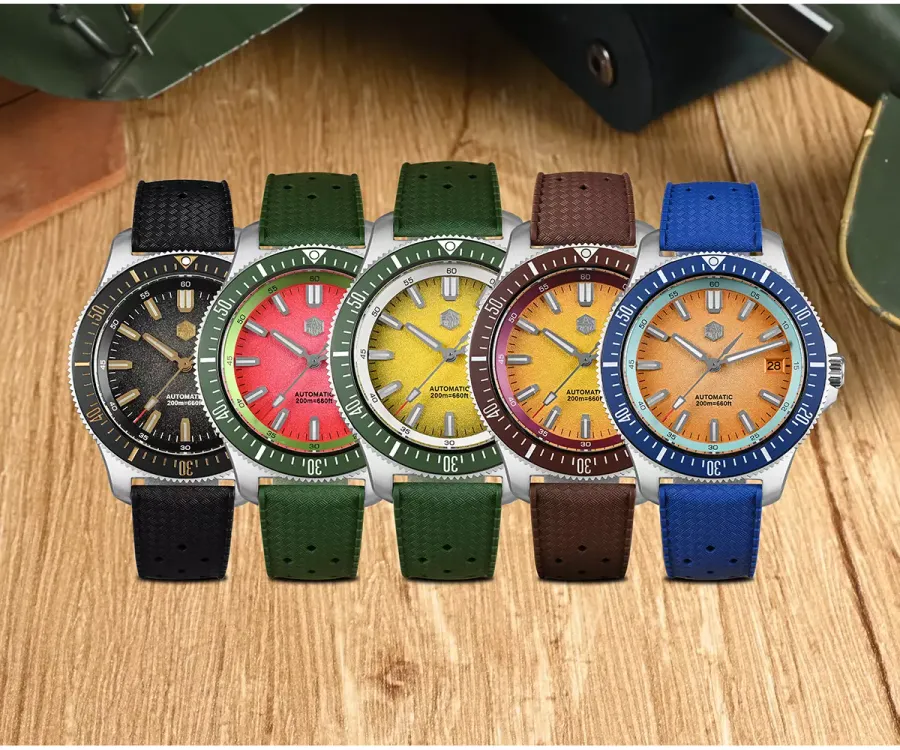 San Martin SN0118-B in black, red, yellow, orange-yellow and orange dials with matching bezels, on rubber straps