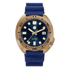 San Martin SN047-B-Q bronze diver with blue sunray dial on blue rubber strap