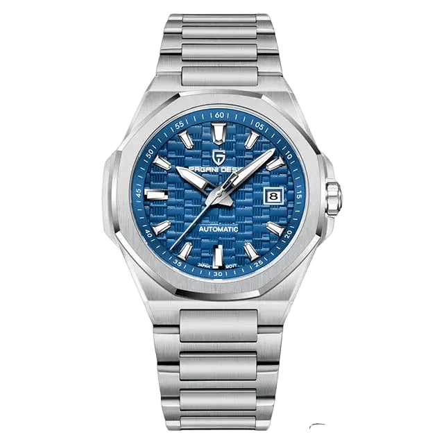Pagani Design PD-YS023 with octagonal bezel, blue basket-weave dial and date at 3 on integrated steel bracelet