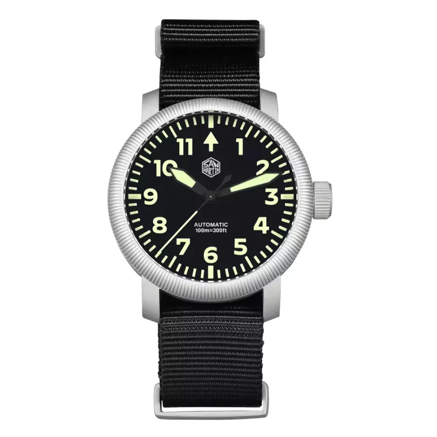 San Martin SN0143-G 40mm pilot with black Type A hour-numeral dial and fluted bezel on black nylon strap