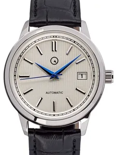Islander automatic dress watch with white pinstripe dial and blue hands on black leather strap