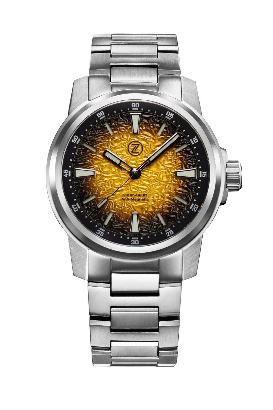 Zelos Aurora Field 42mm Ti, yellow hammered fumé dial, on titanium bracelet