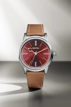 Selten Grand Feu Enamel Flare Rustique, red enamel dial, on brown leather strap