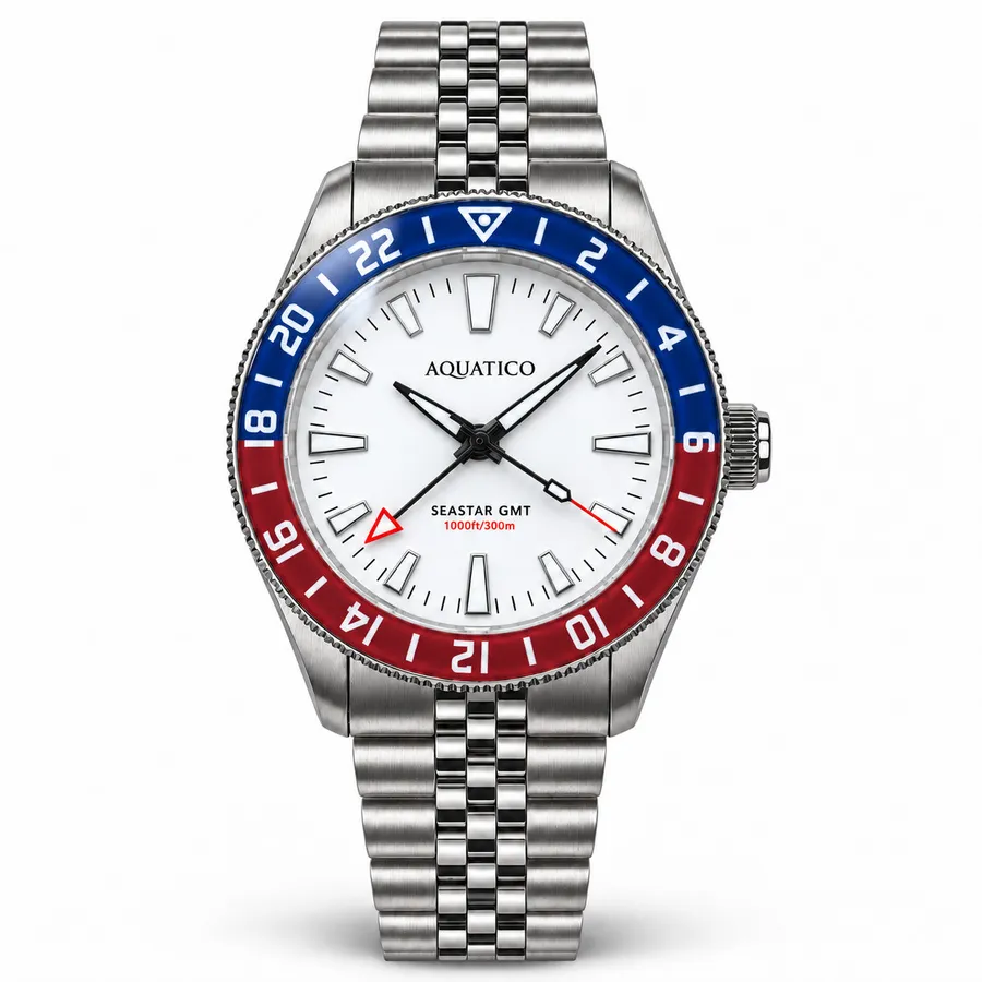 Aquatico Sea Star GMT with white full-lume dial and blue and red 24-hour bezel, on the jubilee-style bracelet