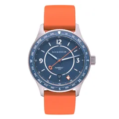 Oak & Oscar Humboldt GMT SAR Edition, blue dial and blue ceramic compass bezel, on orange rubber strap