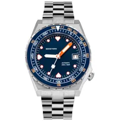 Seestern S407-600T.EC with dark blue dial and blue ceramic bezel on steel bracelet