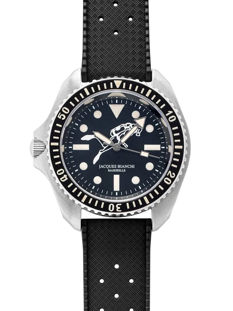 Jacques Bianchi x Revolution JB200 Méduse, black dial with diver silhouette, crown at 9, on black Tropic strap