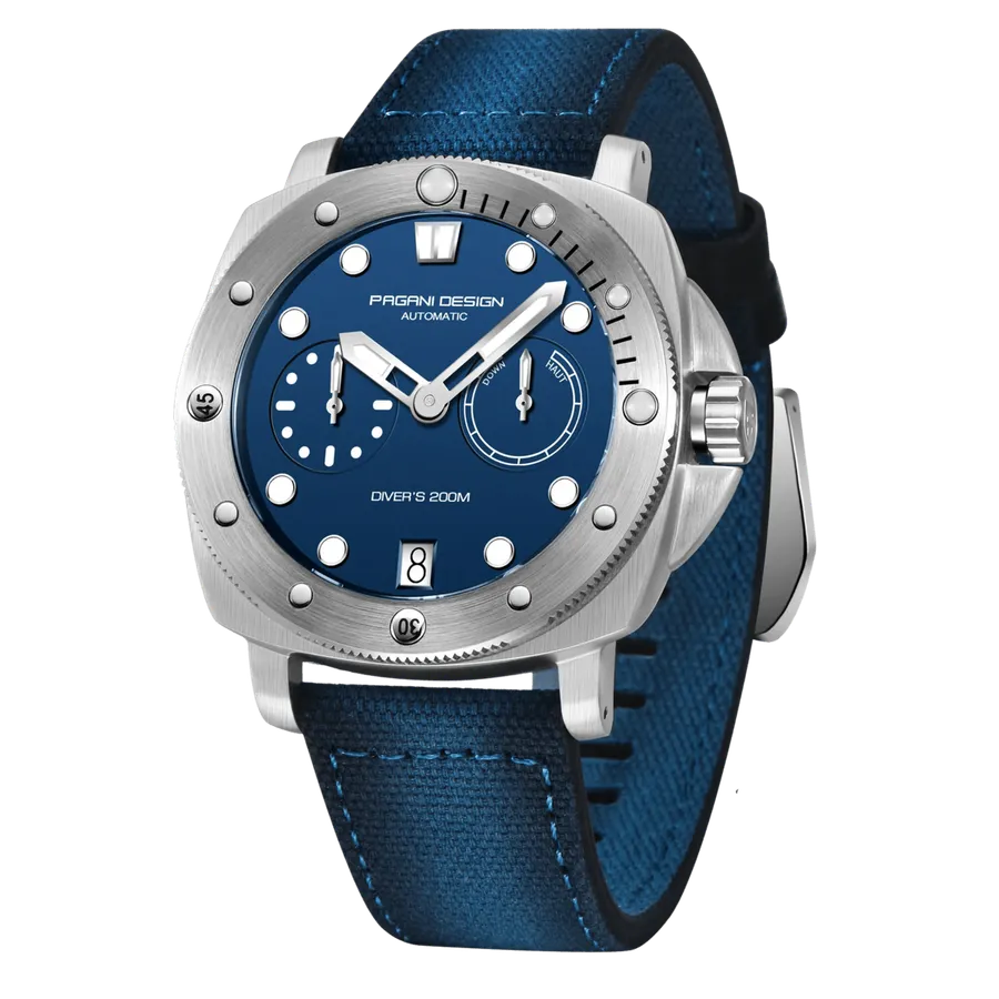 Pagani Design PD-1767 with blue dial, small seconds and power-reserve indicator on blue fabric strap