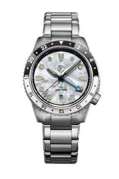 Zelos Mako 300m GMT, white mother-of-pearl mosaic dial, black and white ceramic bezel