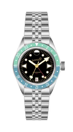 Imperial Oceanguard GMT, black dial, coral and turquoise bezel (render)