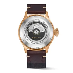 Aquatico Bronze Horizon Hawk sapphire display caseback with the Aquatico rotor ("Twenty-four jewels", 300 meters)