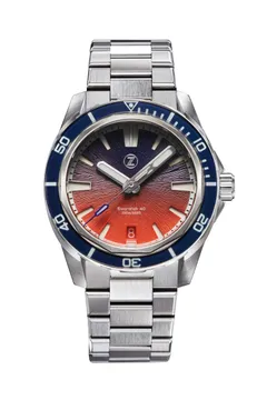Zelos Swordfish 40mm SS Dusk, deep blue to orange gradient dial, dark blue sapphire bezel, on bracelet