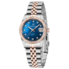 Pagani Design PD-1794L with blue mother-of-pearl-look dial and rose-gold-tone fluted bezel on two-tone Jubilee-style bracelet