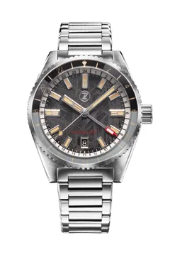 Zelos Blacktip 200m GMT Meteorite, grey meteorite dial and black and grey 24-hour sapphire bezel, on steel bracelet