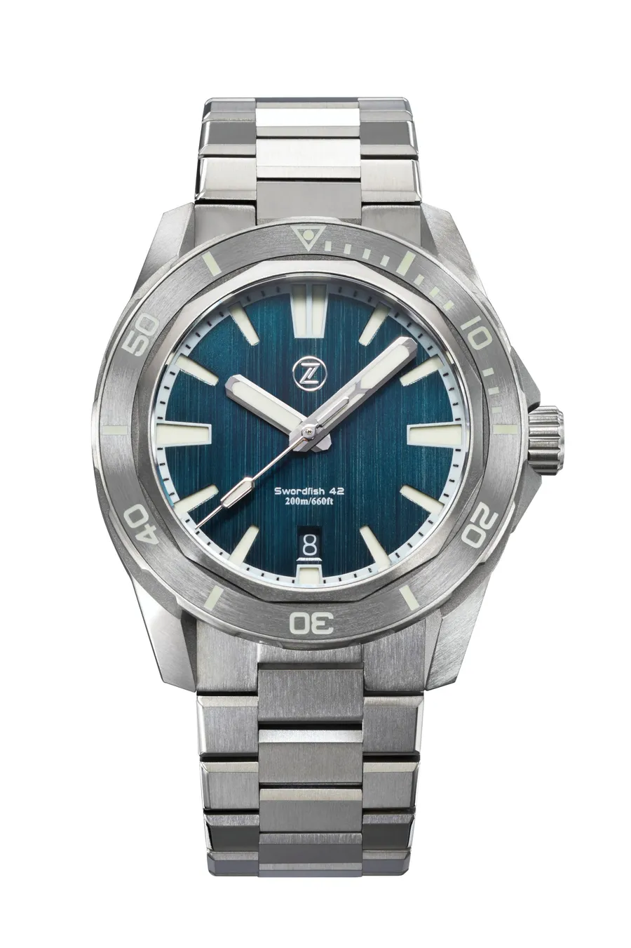 Zelos Swordfish 42mm Ti, teal textured dial and grey ceramic bezel, on titanium bracelet