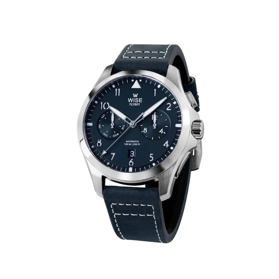 Wise Flyboy FL-03A in 904L steel, blue dial with Arabic numerals and day and month subdials, on blue leather strap