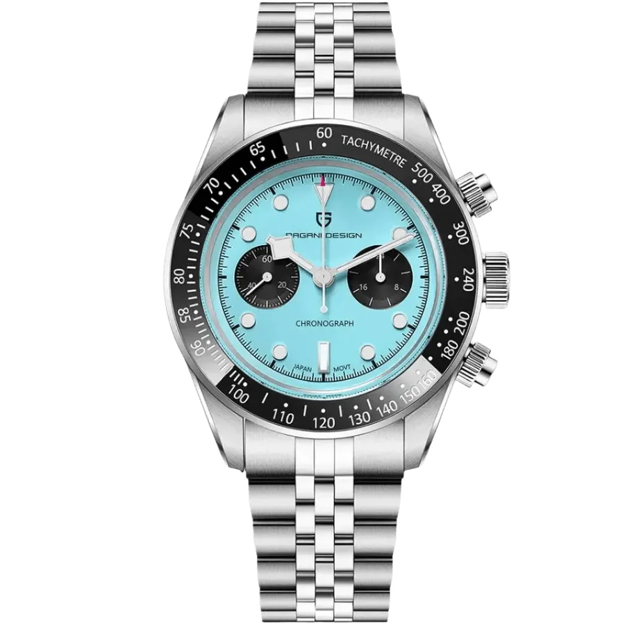 Pagani Design PD-1813 chronograph with ice-blue dial, black subdials and black tachymeter bezel on Jubilee-style bracelet