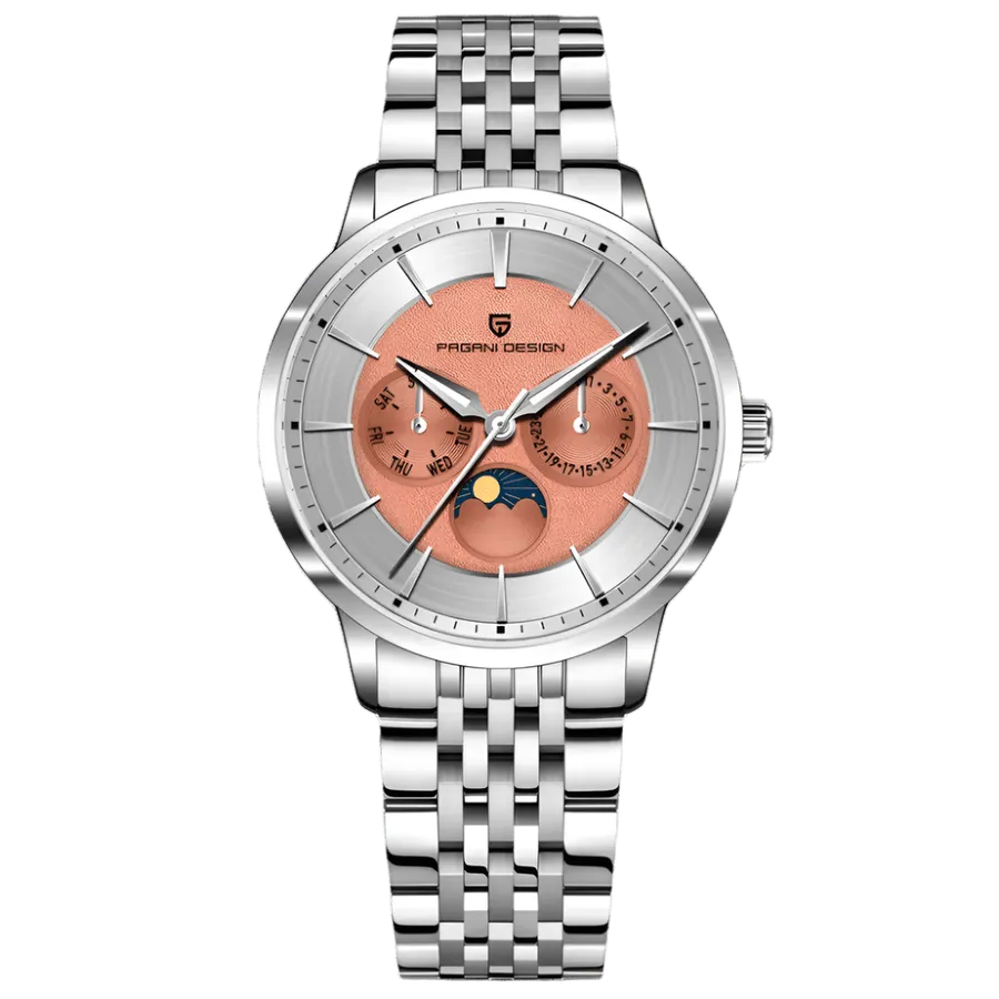 Pagani Design PD-1795 with salmon and silver dial, day and date subdials and sun-and-moon disc at 6, on steel bracelet