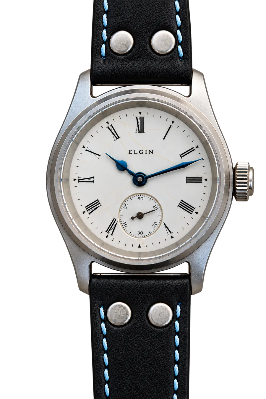 Bernhardt Manifest Pioneer, white enamel Elgin dial with Roman numerals and blued hands, on riveted black leather strap